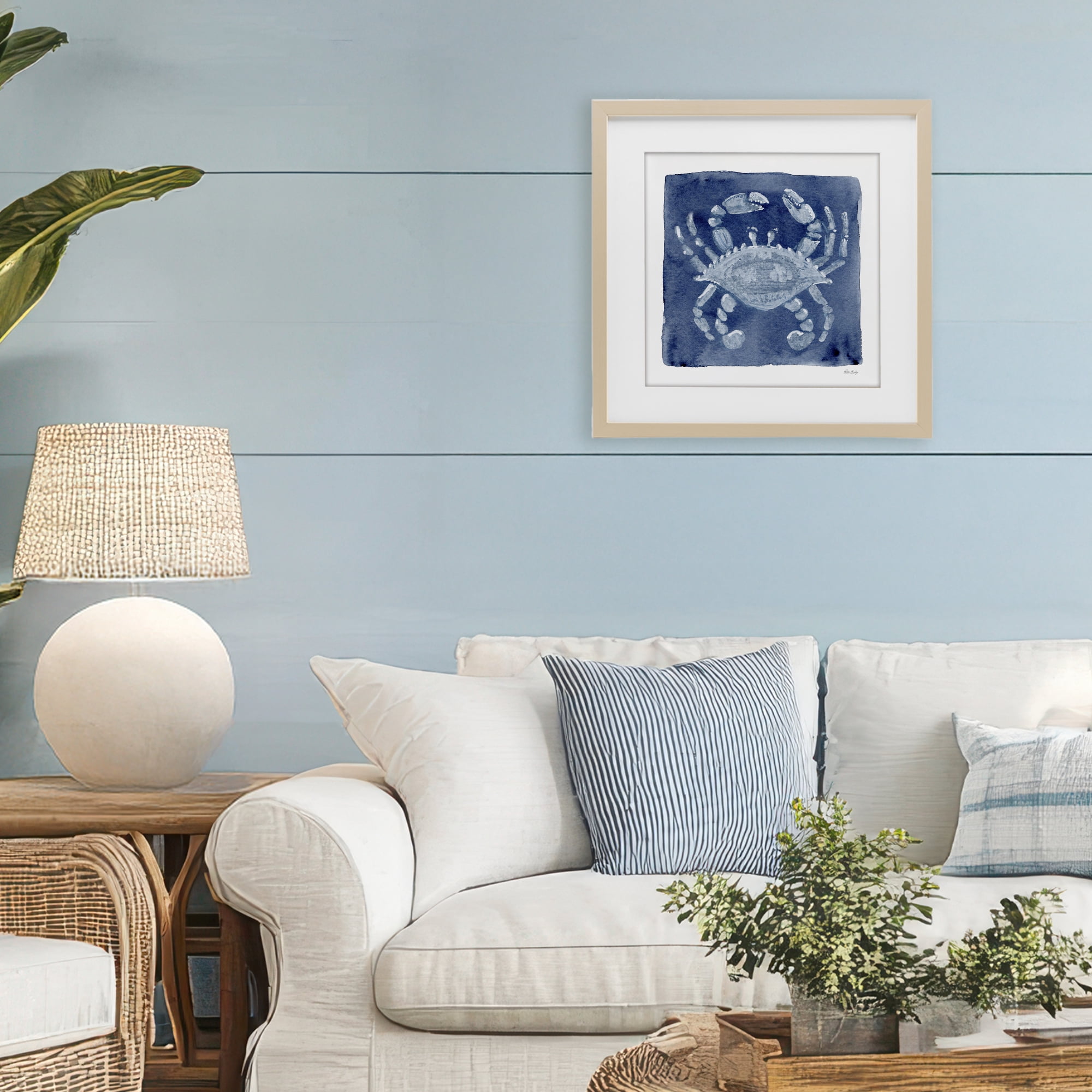 Stupell Industries White Crab on Indigo Birch Framed Print Under Glass, design by Patti Bishop