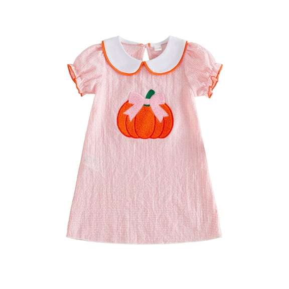 RUINIXCW Toddler Baby Girl Halloween Dress Outfit Cute Infant Baby Girls Summer Fall Pumpkin Dress Pumpkin Bow Embroidery Puff Short Sleeve Doll Collar A Line Plaid Dress