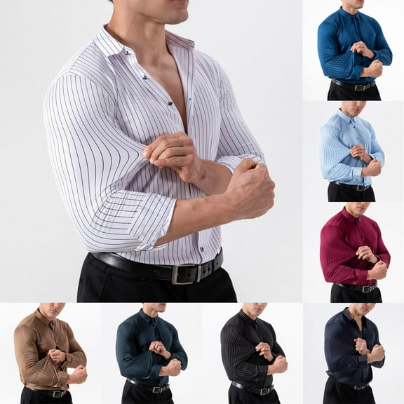 DDAPJ pyju Mens Striped Dress Shirt Long Sleeve Wrinkle Free Formal Shirts Business Casual Button Down Shirts Black L