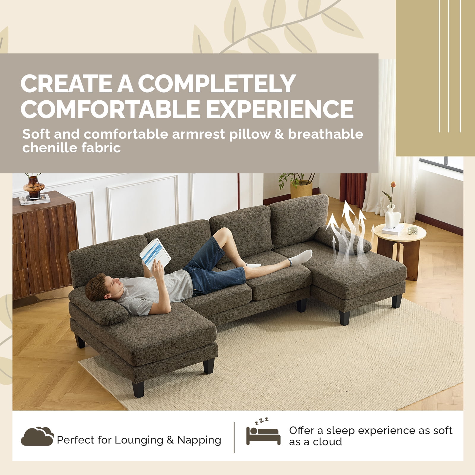 U-Shaped Convertible Sectional Sofa with 2 Chaise Lounges, 4-Seater Modular Couch with Removable & Washable Chenille Covers, L-Shaped Couches for Living Room Apartment, Heavy Duty Plastic Legs