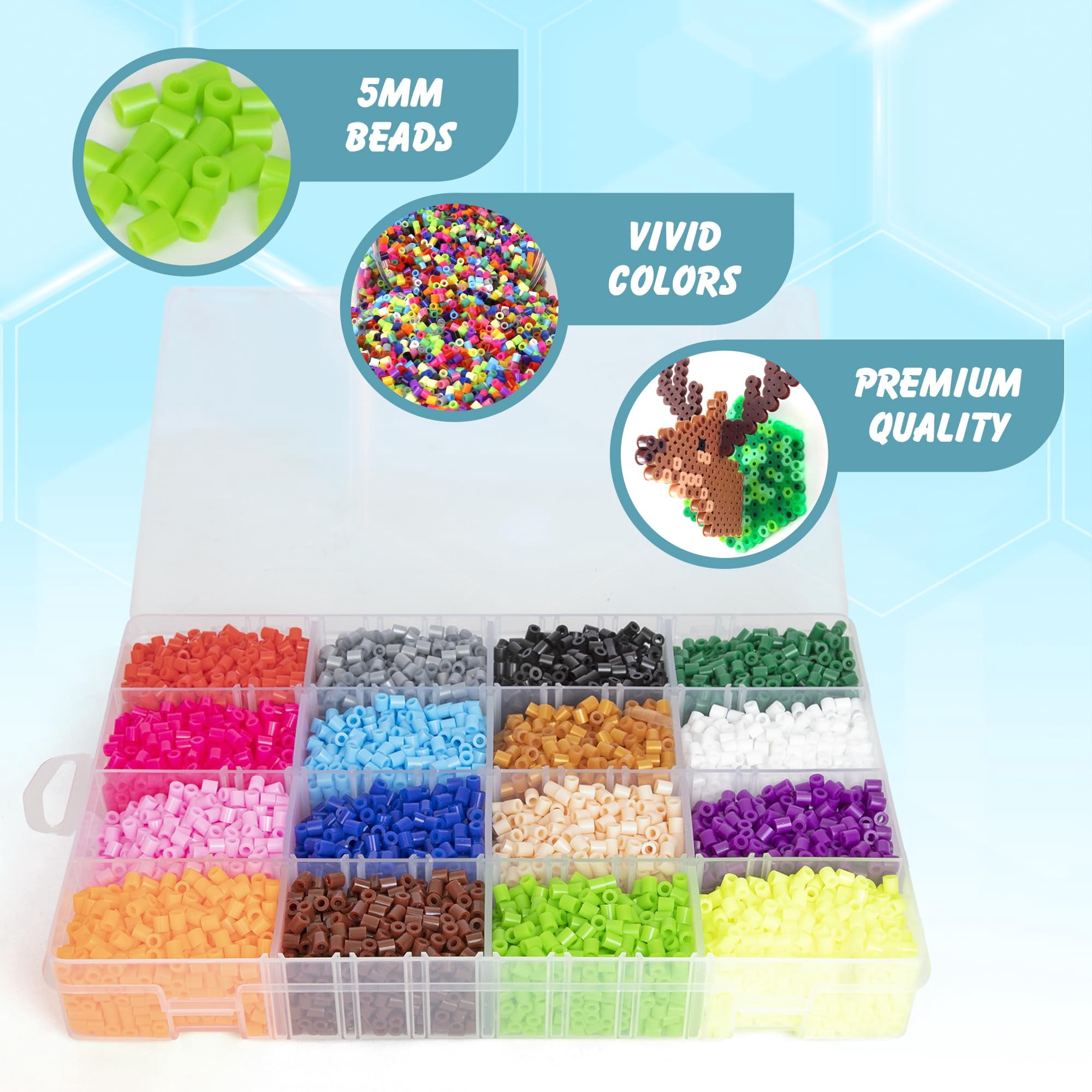 Darice Fuse Beads Kit - 10,000 pcs, 5mm Iron Bead 16 Colors with Storage Case, Non-Toxic Art and Craft Melty Beads for Kids in 16 Colors for DIY Projects & Perler Art, Ages 6+