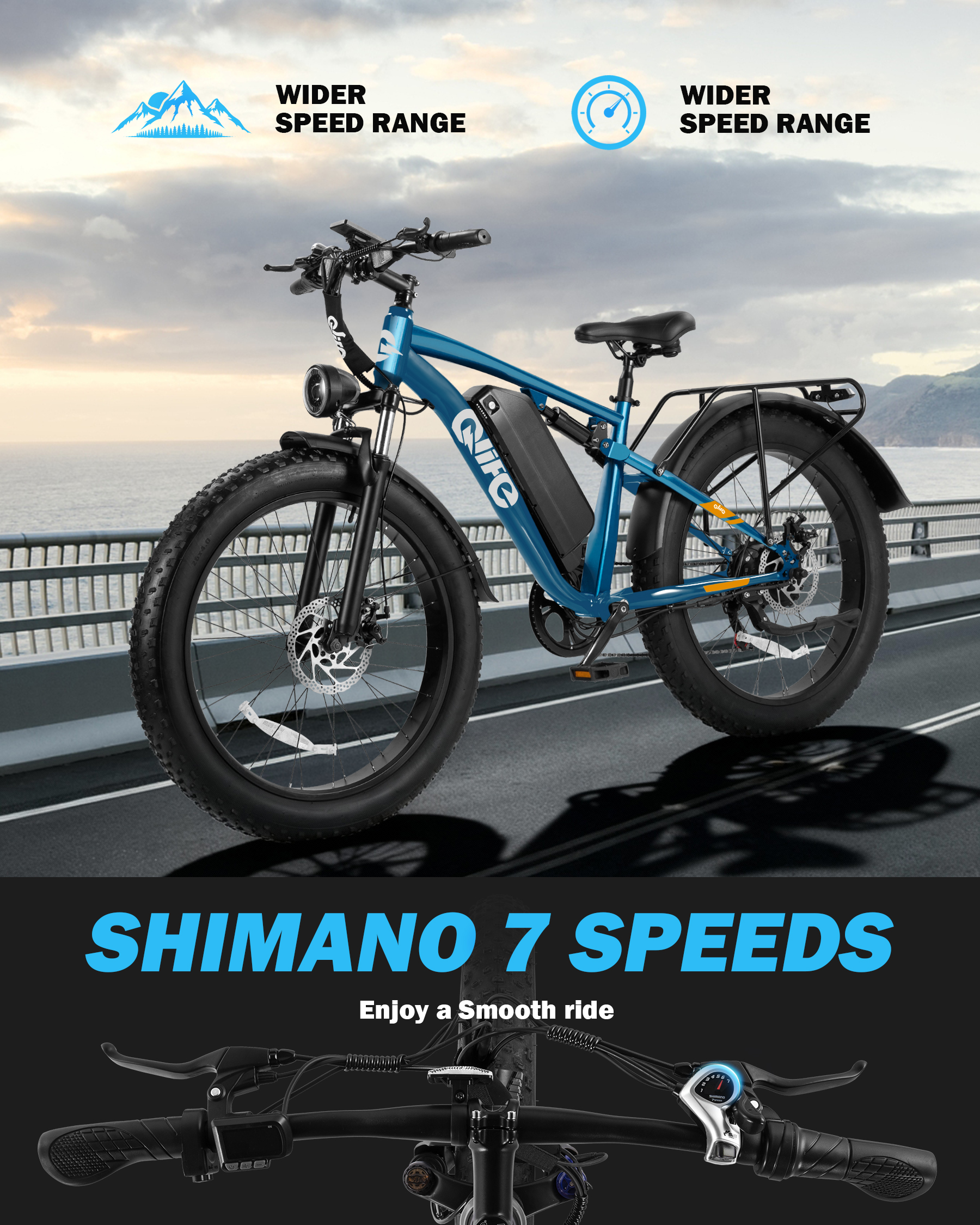 Qlife Racer Plus Electric Bike for Adults Peak 749W Motor Up to 19.8MPH, 4.0 Fat Tire Electric Mountain Bicycle with 48V 15.6AH Battery, 7 Speed Full Suspension Ebike(White)