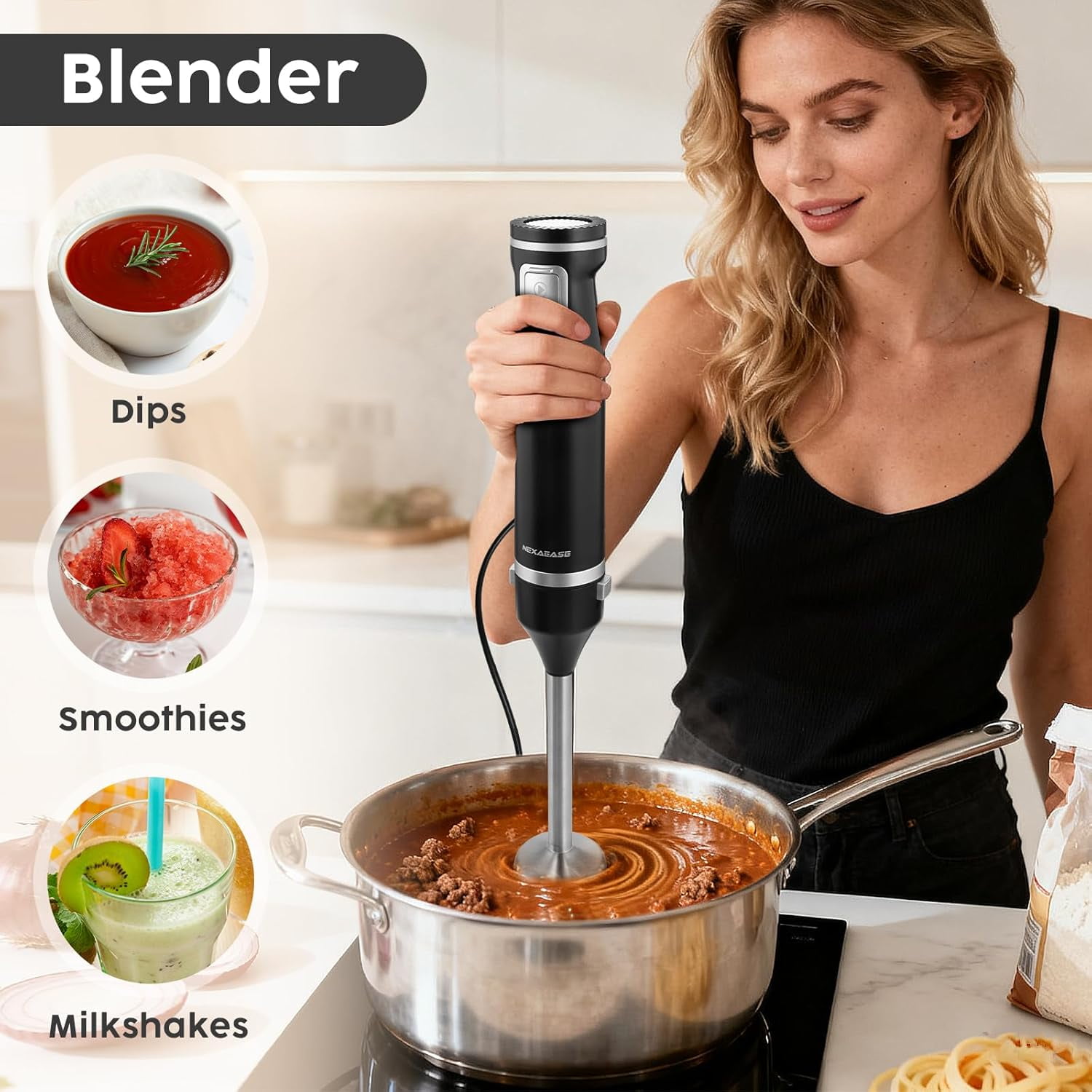 2-in-1 Hand Mixer Immersion Blender Electric with 600W Motor, 12 Speeds &