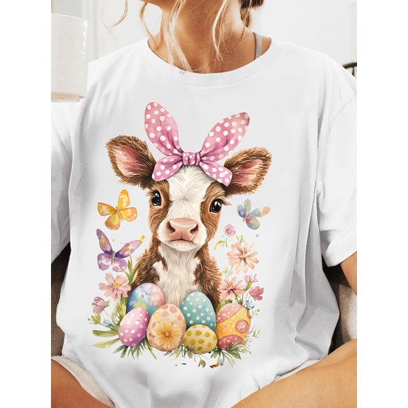 Cute Farm Cow Tee Easter Egg Hunt Graphic T-Shirt Gift For Her