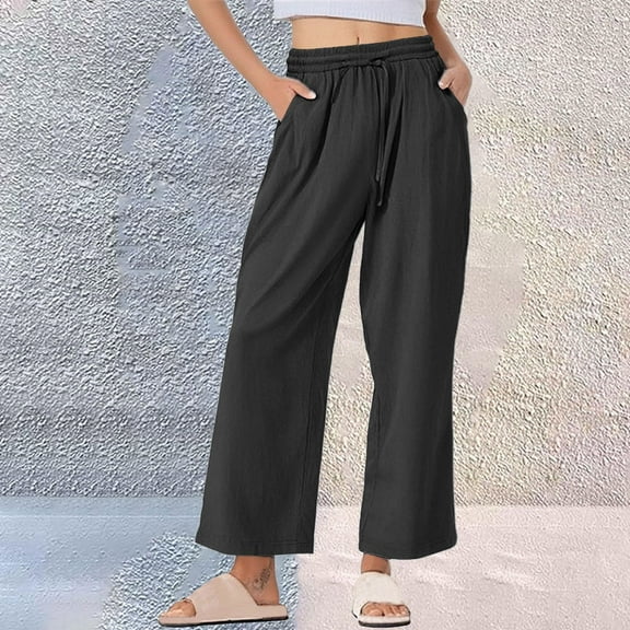 Tnhcen Women's Casual Pants Loose Fit Straight Leg with Elastic Drawstring Waist Pre-Shrunk Cotton Linen S-5XL Relaxed Basics for Every Day