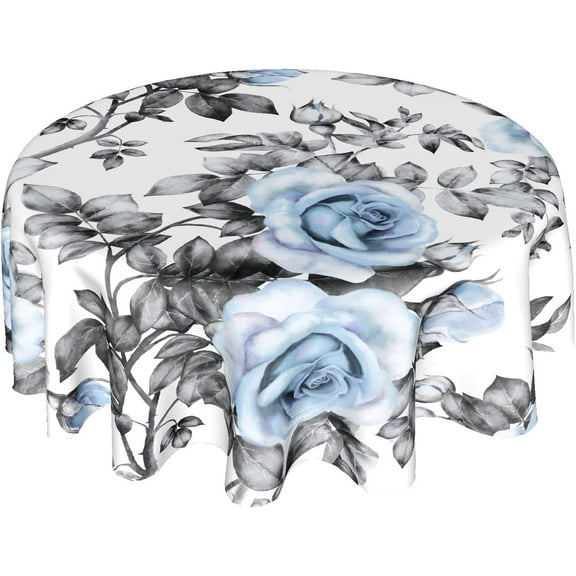 Blue Flower Table Cloth 60 Inch Polyester Waterproof Stain Resistant Table Cover Elegant Round Tablecloth for Outdoor Indoor Kitchen Dining Gift Decor