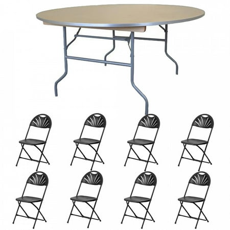 Pogo 72 Round Wood Banquet Folding Table And Chairs Black Chair