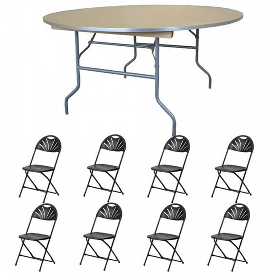 Pogo 72 Round Wood Banquet Folding Table And Chairs Black Chair