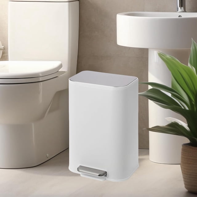 Bingirl Bathroom Trash Can, 3.2 Gallon Stainless Steel Garbage Can with Lid, Rectangular Small Step Waste Bin with Foot Pedal & Removable Inner Bucket for Kitchen Bedroom Restroom (Matte White)