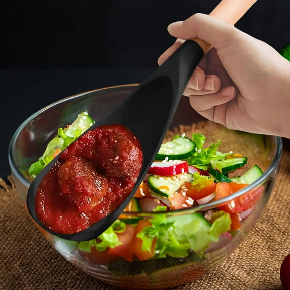 Multifunction Spatula Spoon, Cooking Spoon for Nonstick Cookwares, Great for Cooking and Serving Durable BPA-Free Matte Silicone, Wood Handle Serving Spatula Spoon for Mixing Scoop Scrape [Black]