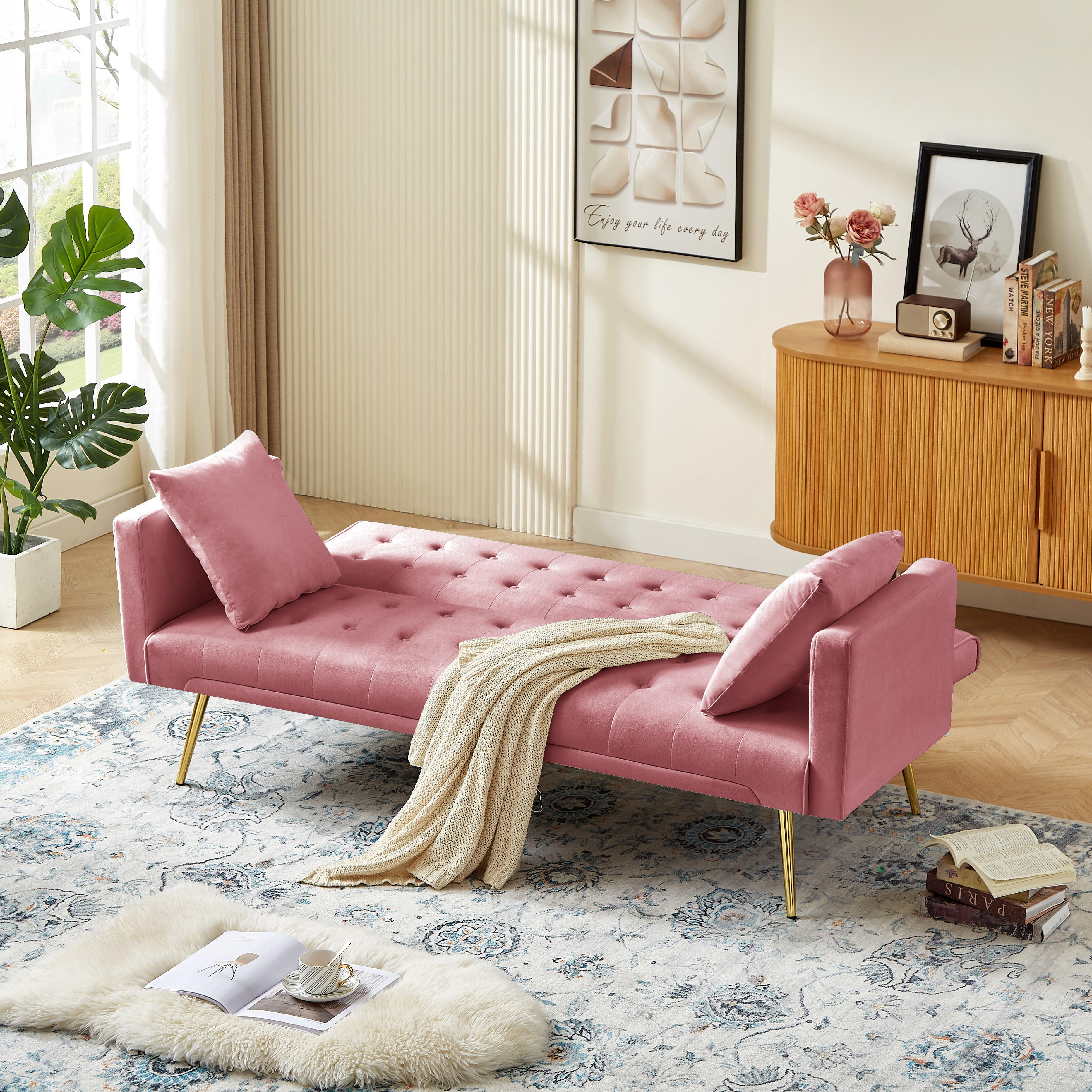 Leumius Velvet Futon Sofa Bed,Adjustable Convertible Folding Sleeper Couch Bed for Compact Living Spaces,Pink