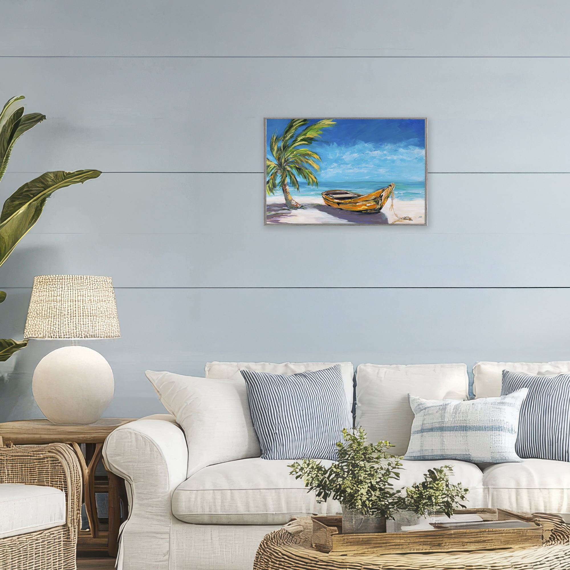 Stupell Industries Lost Island Palm & Boat Gray Framed Giclee Art, design by Julie DeRice