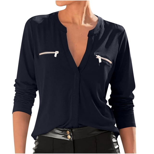 Timegard Hauts à Manches Longues pour Femmes Col en V Fermeture Éclair T-Shirts Confortables Tunique Décontractée Habillée pour Leggings