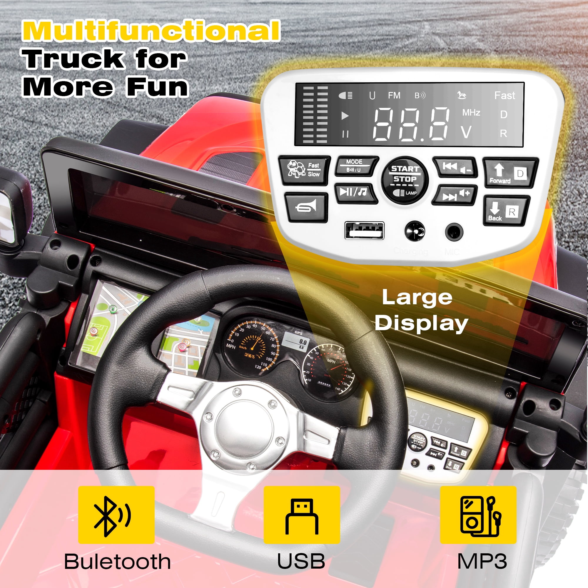 24V Kids Ride on Truck Car, Battery Powered Ride on Car with Remote Control, Electric Vehicle Car for Boys Girls Aged 3-6, Ride on Toy w/Bluetooth, Lights, 4 Wheelers, Gift for Kids Tollder, Red