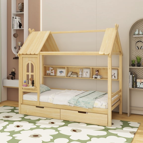 Twin house Beds with Storage Drawers and Window, Solid Wood House Platform Bed Frame with shelves, for Kids, Girls, Boys, No Spring Box Needed and Childlike Design, Natural