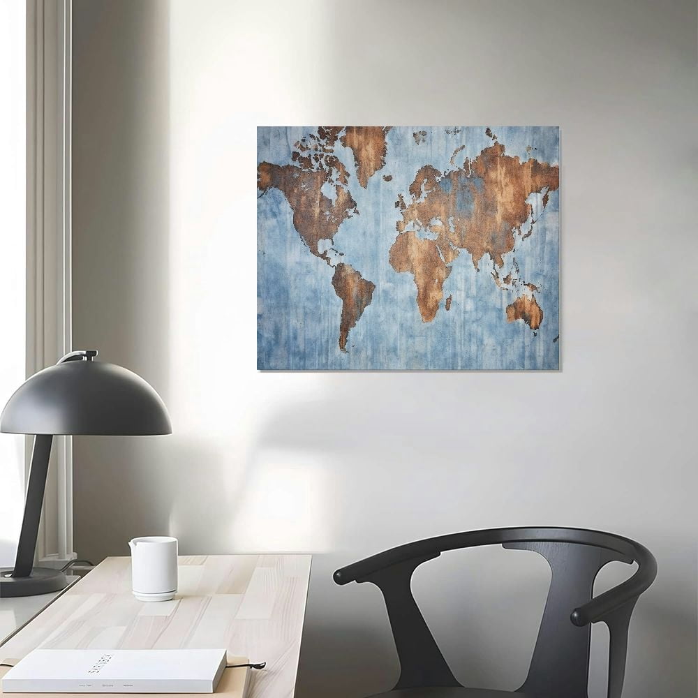 Awypu  World Map Wall Art Poster On Canvas Modern Abstract Large Painting Pictures Framed With Blue Color For Office Decor