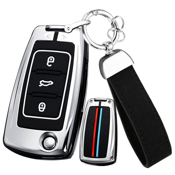 Metal Key Fob Jacket Fit for VW Remote Car Key Sleeve with Keychain Key Cover Fit for Volkswagen Jetta Tiguan Passat Polo Beetle Golf Golf GTI/R/MK6 Key Remote