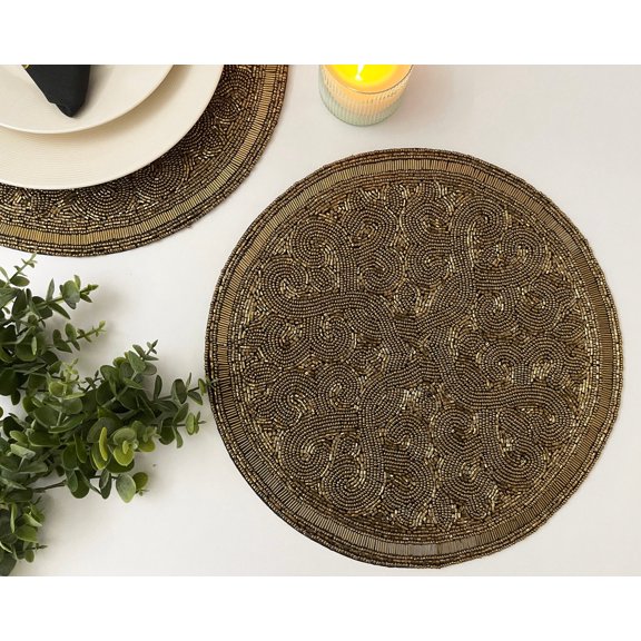 Set of 6, Handmade beaded placemat, beaded tablemat, 14 inch, gold bead charger placemats