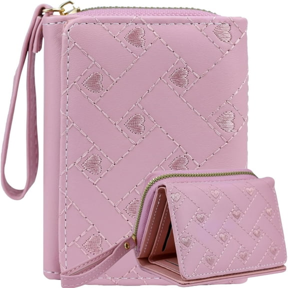 Cute Wallet Women Pink Small Wallets Coin Purse Minimalist loving Design Women's Travel Wallets Leather Credit Card Holder with ID Window Kawaii Cash Wallet for Women Ladies and Girls