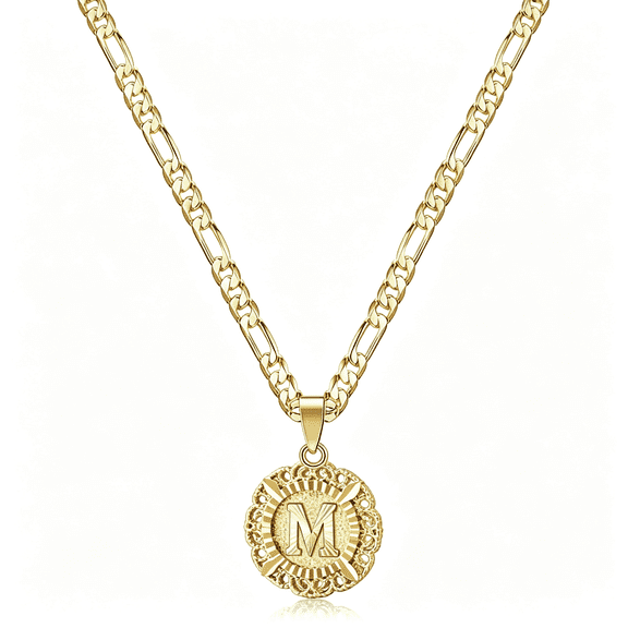 DESIGNICE Initial Necklaces for Women, 14K Gold Plated Round Letter Pendant Capital Monogram Necklace Alphabets from A-Z Figaro Chain Jewelry 14K Gold Plated Stainless Steel Necklace for Women