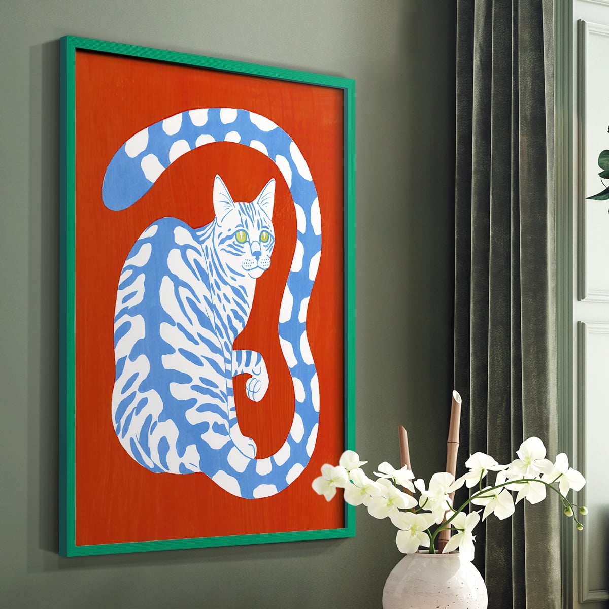 Complementary House Cat I Framed Print in Green Solid Wood Framed Print No Nail Hanging