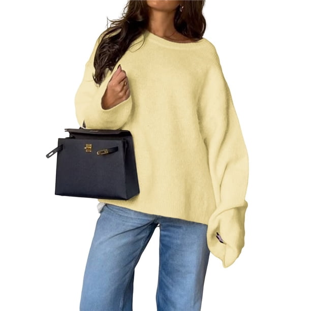 Suéter Holgado de Cuello Redondo y Larga Abullonada para Mujer. Amarillo XL