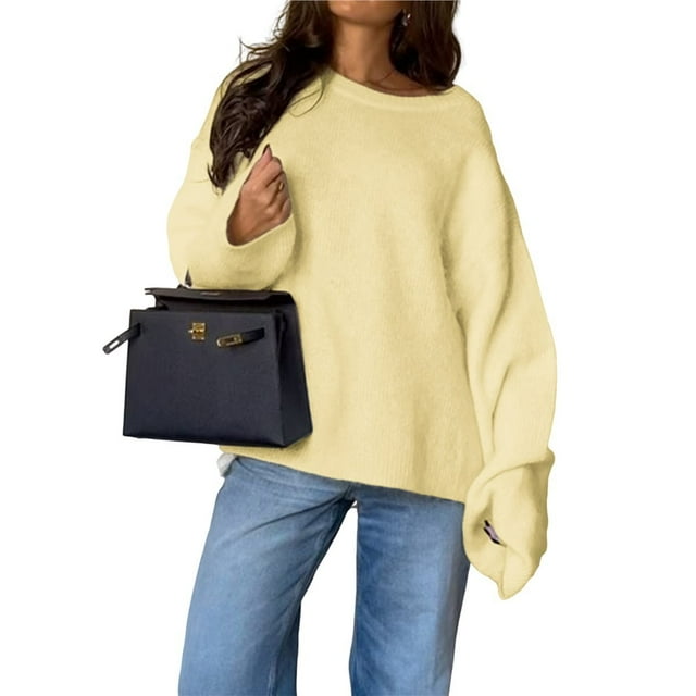 Suéter Holgado de Cuello Redondo y Larga Abullonada para Mujer. Amarillo XL