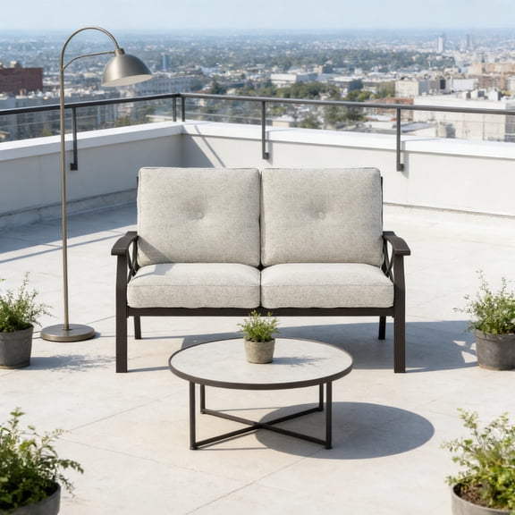KIOOTTO Oasis Series: 48" (122cm) Resort-Style All-Weather Metal Loveseat, Desert Sand Reinforced Frame with 5" Ultra-Soft Oatmeal Cream Cushions, Compact Luxury Outdoor 2-Seater