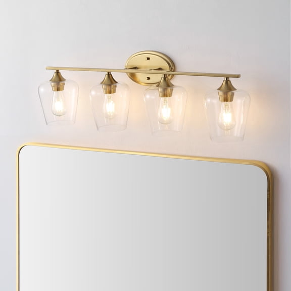 JONATHAN Y JYL7548B Farmhouse 4-Light Wall Sconce, 32" Rustic Vanity Light in Brass Gold with Clear Glass Shade for Bathroom Mirror, Kitchen, Hallway, Hardwired, LED Edison Bulbs Included