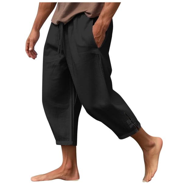 Pantalones de playa lisos con abertura para hombre: algodón y lino, cintura elástica, informales/vacacionales, tallas S-XXXL, cintura de 74-98 cm