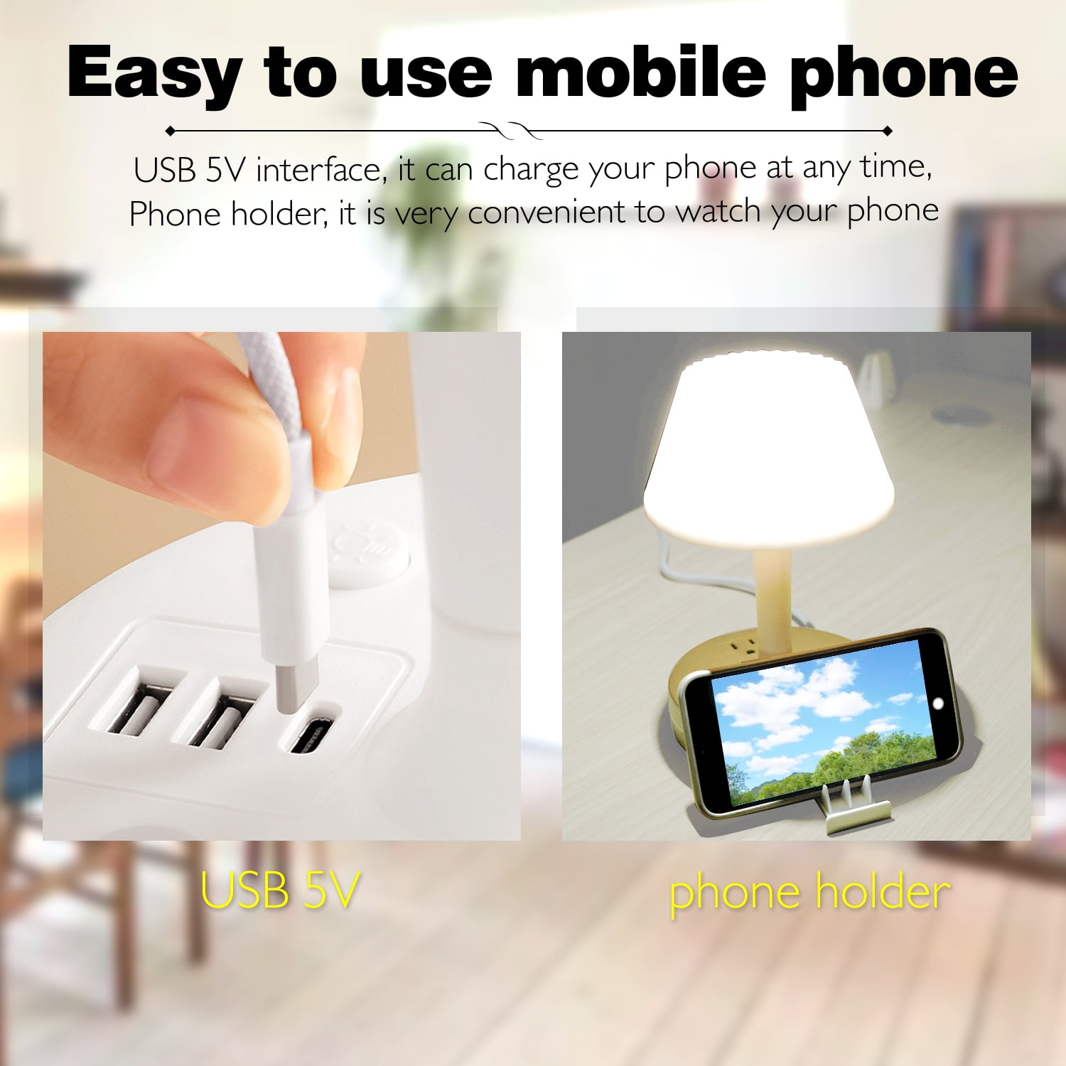 Socket Table Lamp Power Strip， AC Outlets + USB Charging Ports, All-in-one Design Multiple Functions Dimmable Small Reading Desk Lamp , Eye Care LED Nightstand Light for Home Office Dorm Bedside