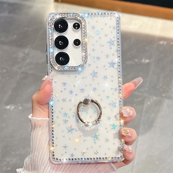 Allytechgroup Bling Sparkly Diamond Rhinestones Ring Holder Slim Back Cover Cell Phone Case for Samsung Galaxy S24 FE