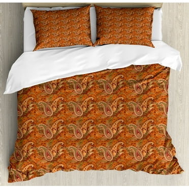 Orange Queen Size Duvet Cover Set, Traditional Old Fashioned Paisley Pattern Floral Design with Leaves, Decorative 3 Piece Bedding Set with 2 Pillow Shams, Orange Olive Green Redwood, by Ambesonne