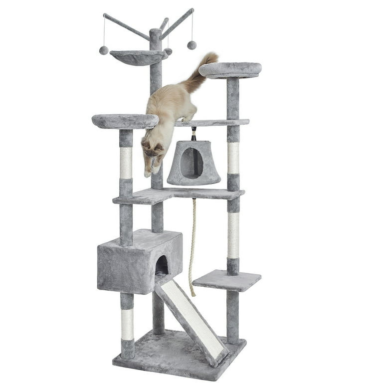 75 Heavy Duty Cat Tree for Indoor Cats 6 Tier Tower Condo All in One Large Cat Tree Cat Condo with Hammock Interactive Toys Two Perches One Roomy House and Scratching Pad for Play Res