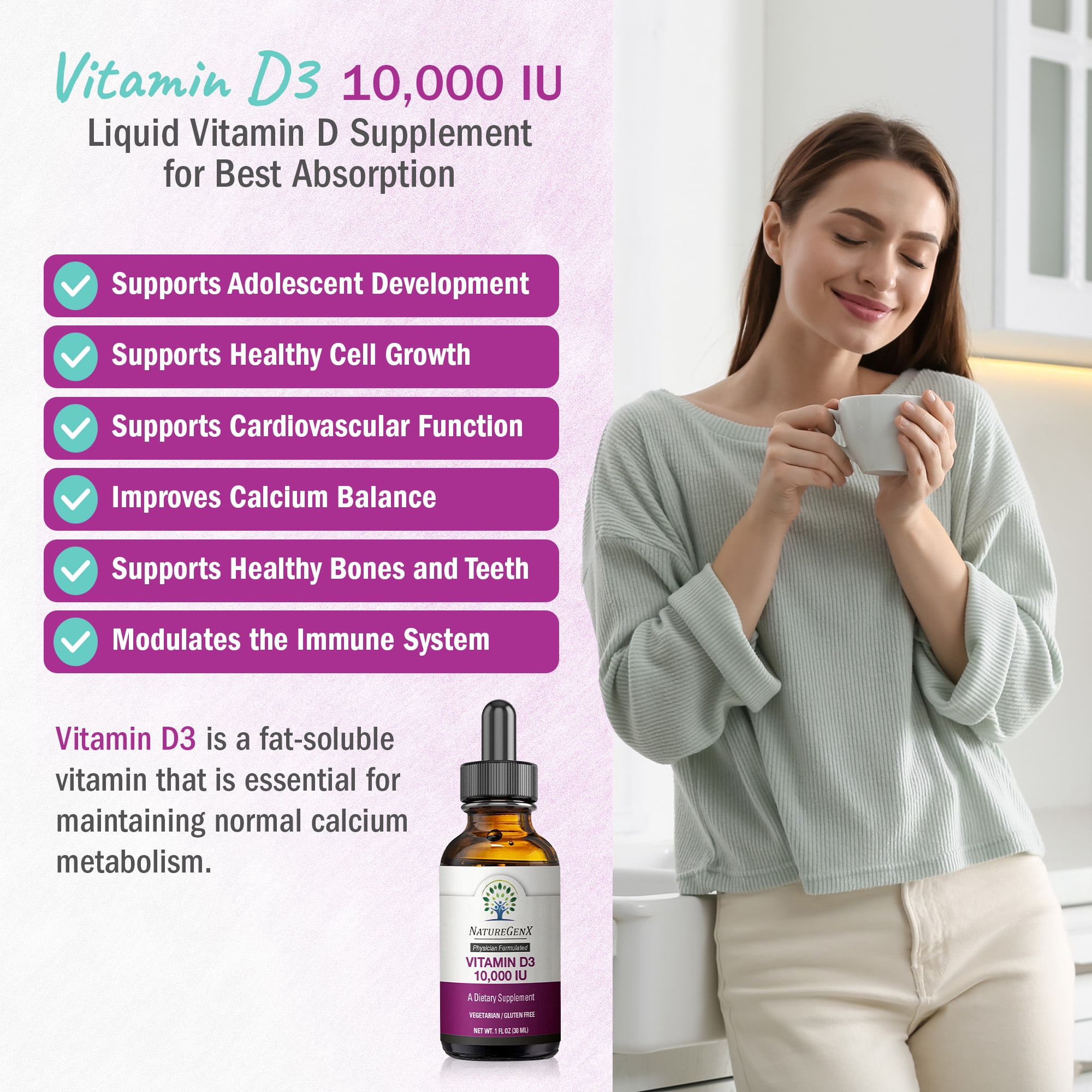 NatureGenX Vegan Vitamin D3 Liquid Drops – 10,000 IU Plant-Based Supplement for Immune Support & Bone Health – Non-GMO, Gluten-Free, Orange Flavor – 30ml (30 Servings)