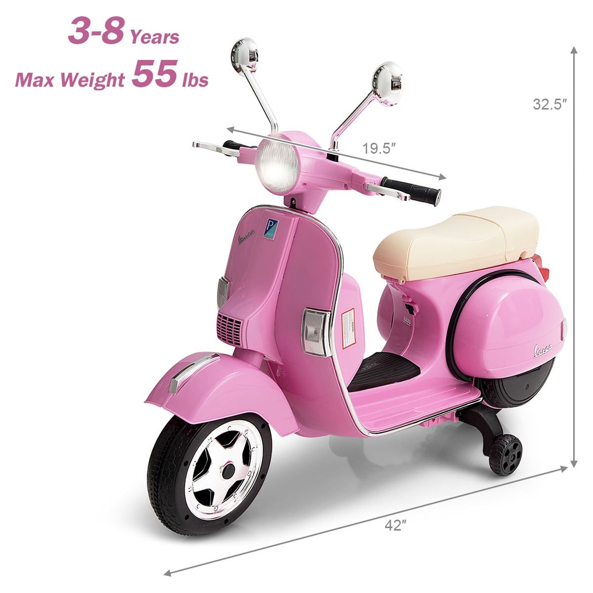 Costway Kids Vespa Scooter, 6V Rechargeable Ride on Motorcycle w/Training Wheels Pink - image 4 of 9