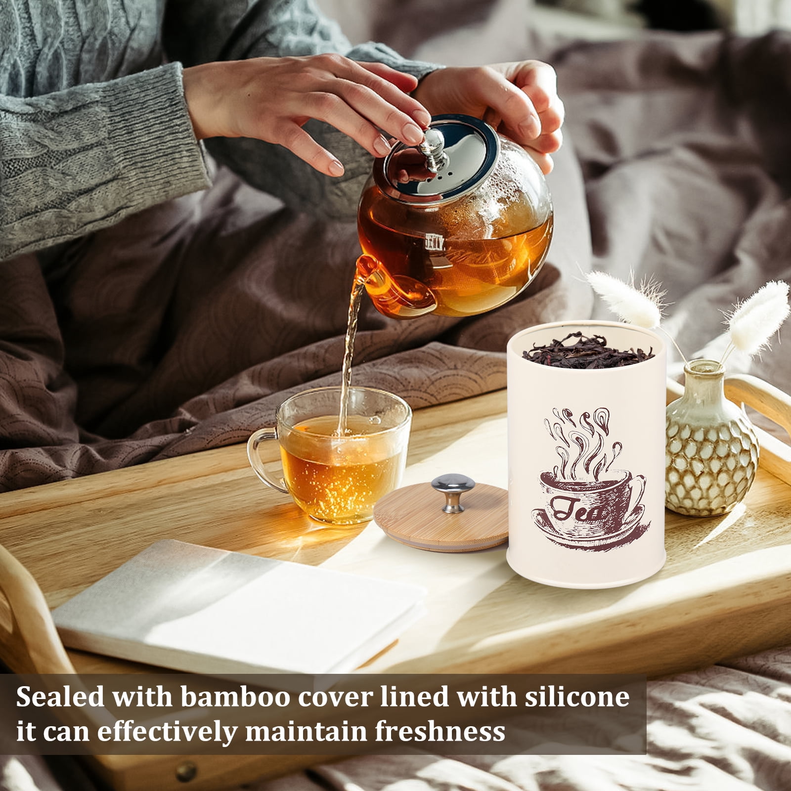 Fkszll 3Pcs Food Storage Canister Set, Airtight Vintage Coffee Sugar Canisters Set, Coffee Sugar Tea Storage Container Jar with Wooden Lid for Kitchen, 25 oz