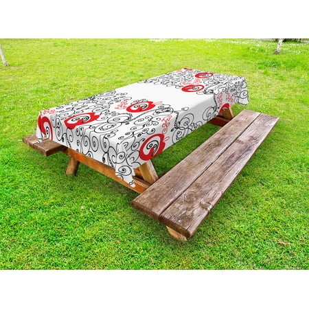 

Red and Black Outdoor Tablecloth Minimalist Home Design Themed Sketchy Birds Swirls and Apple Shapes Decorative Washable Fabric Picnic Table Cloth 58 X 84 Inches Scarlet and White by Ambesonne