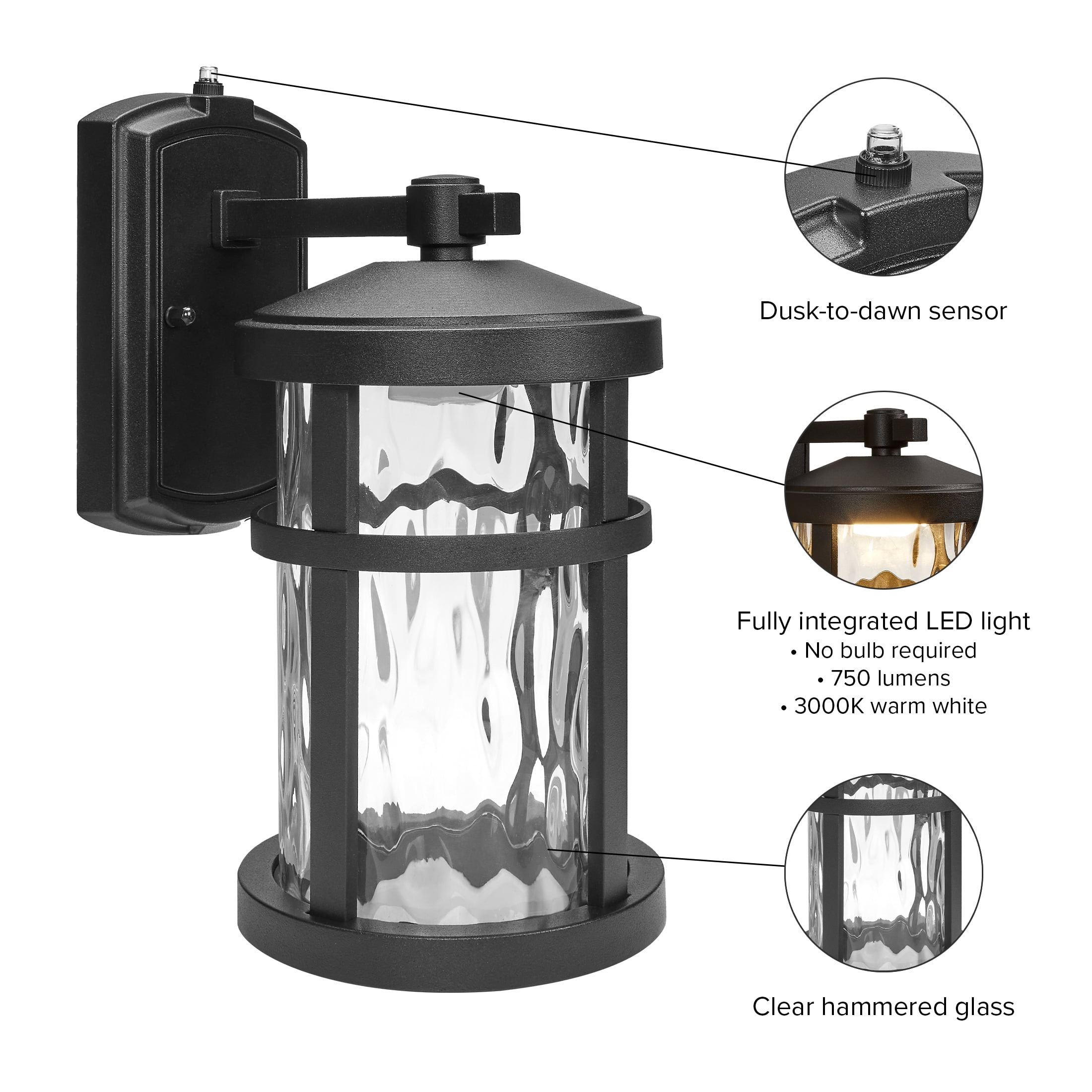 Maxxima LED Outdoor Wall Light, Black Finish, Clear Hammered Glass, Dusk to Dawn Sensor, 750 Lumens, 3000K Warm White