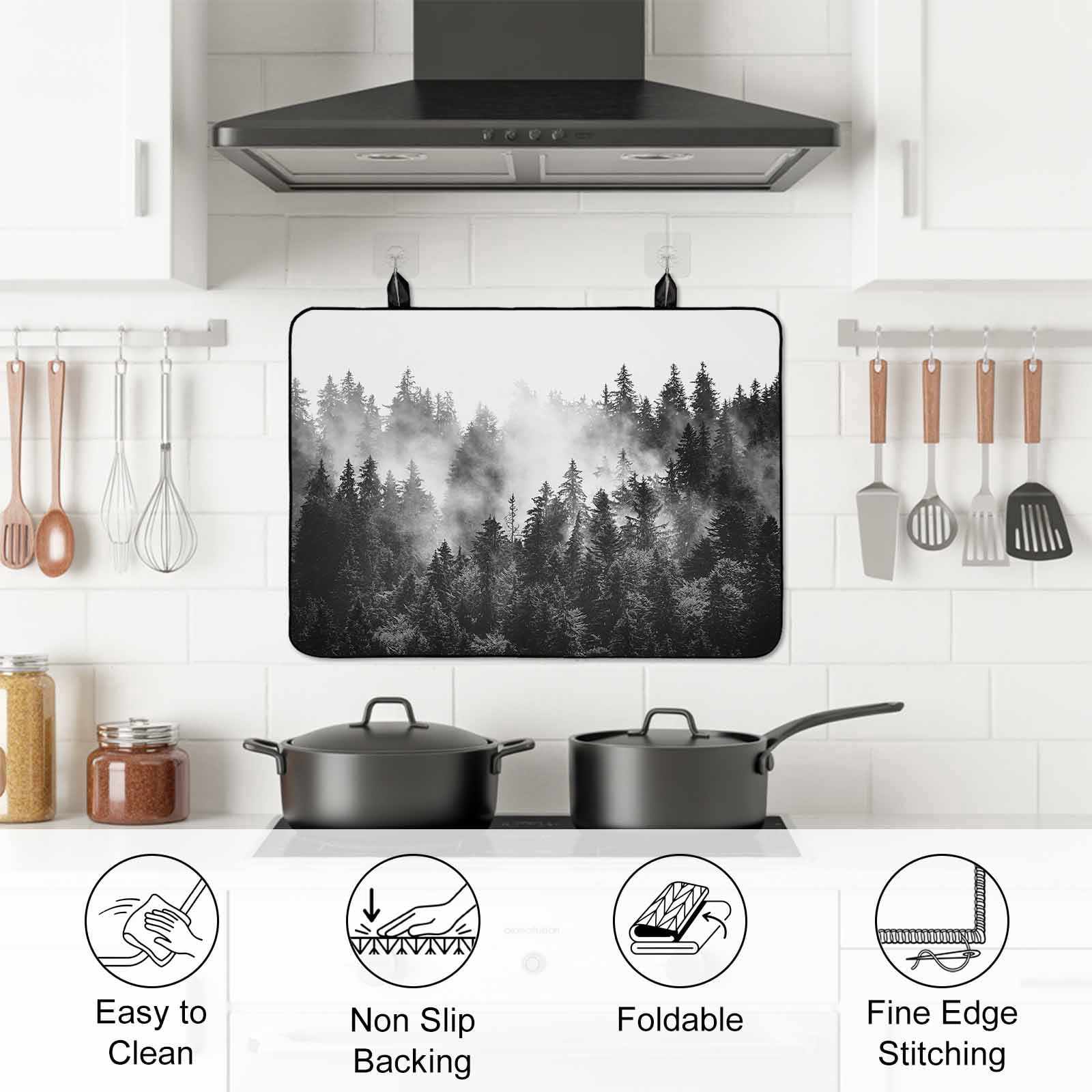 Black Forest Stove Top Cover for Electric Stove,Heat-proof & Non Slip Glass Top Stove Cover Protector,Black and White Natural Landscape Modern Abstract Art Kitchen Cooktop Rubber Mat 24x21 Inches