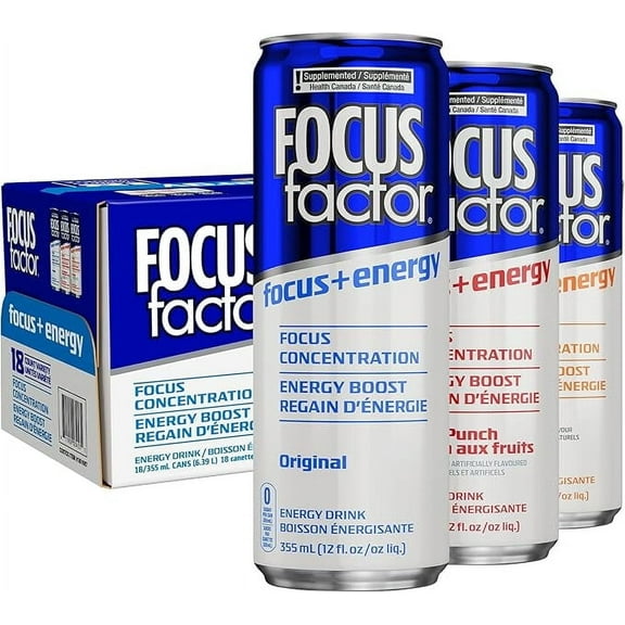 Focus Factor Energy Drink - 18 x 355ml, Variety Pack (Original, Orange, Fruit Punch), Sugar Free