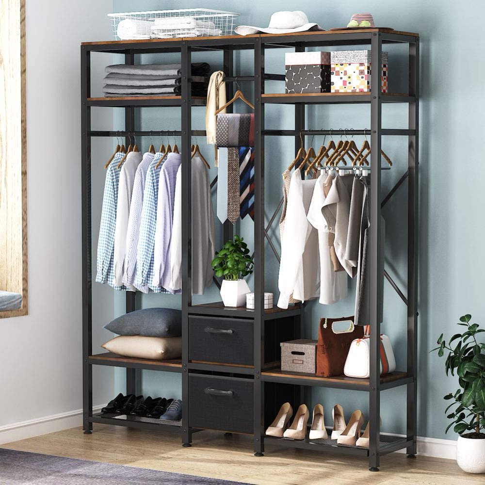 Free Standing Closet Organizer, Metal Garment Rack with Shelves