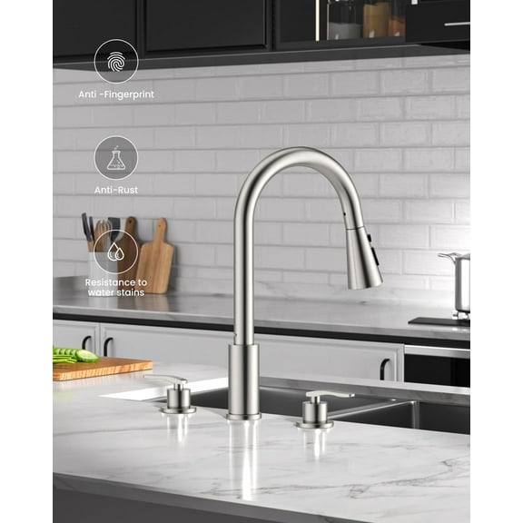 2 Handle Kitchen Faucet with Pull Down Sprayer, 3 Hole Sink Faucets with Separate Handle for Kitchen RV Laundry Bar, 3 Modes, SUS304 Stainless Steel, Brushed Nickel