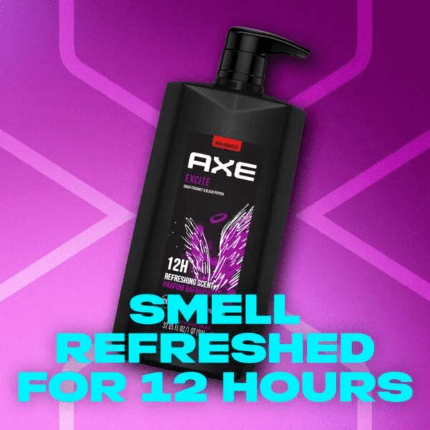 12 Axe Excite Refreshing Long Lasting Body Wash Pump Coconut & Black Pepper 1L