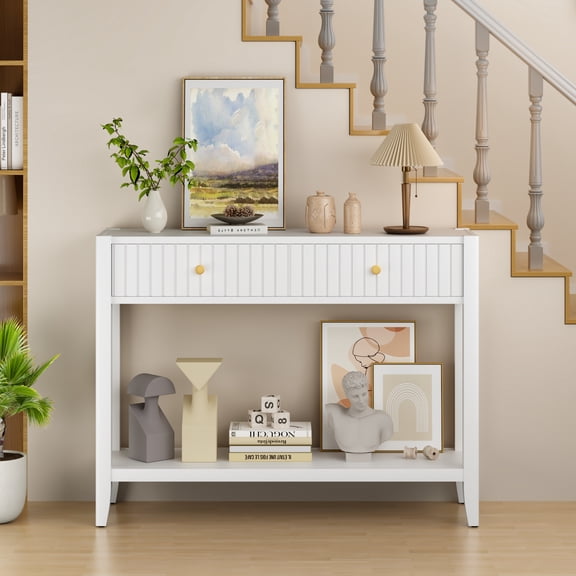 Noble House Narrow Wooden Console Table, Entryway Accent Sofa Table with Hidden Drawers and Storage Shelf, White