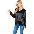 thumbnail image 4 of Women's Satin Long Sleeve V-Neck Blouse with Cuffed Sleeves - Large, Black, 4 of 7