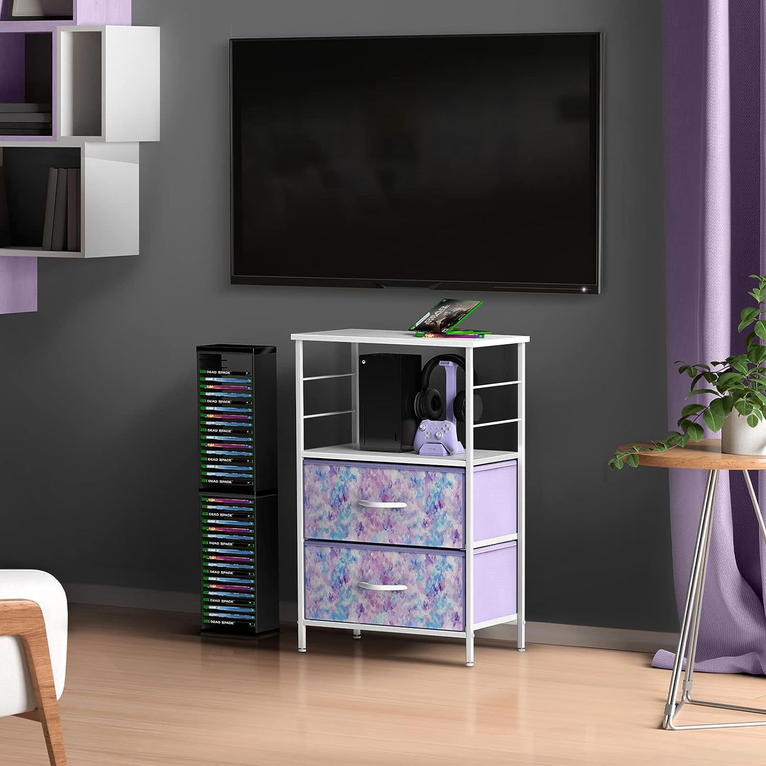 Sorbus 2-Drawer Nightstand with Fabric Drawer, Steel Frame and Open Shelf, Tie-Dye Purple