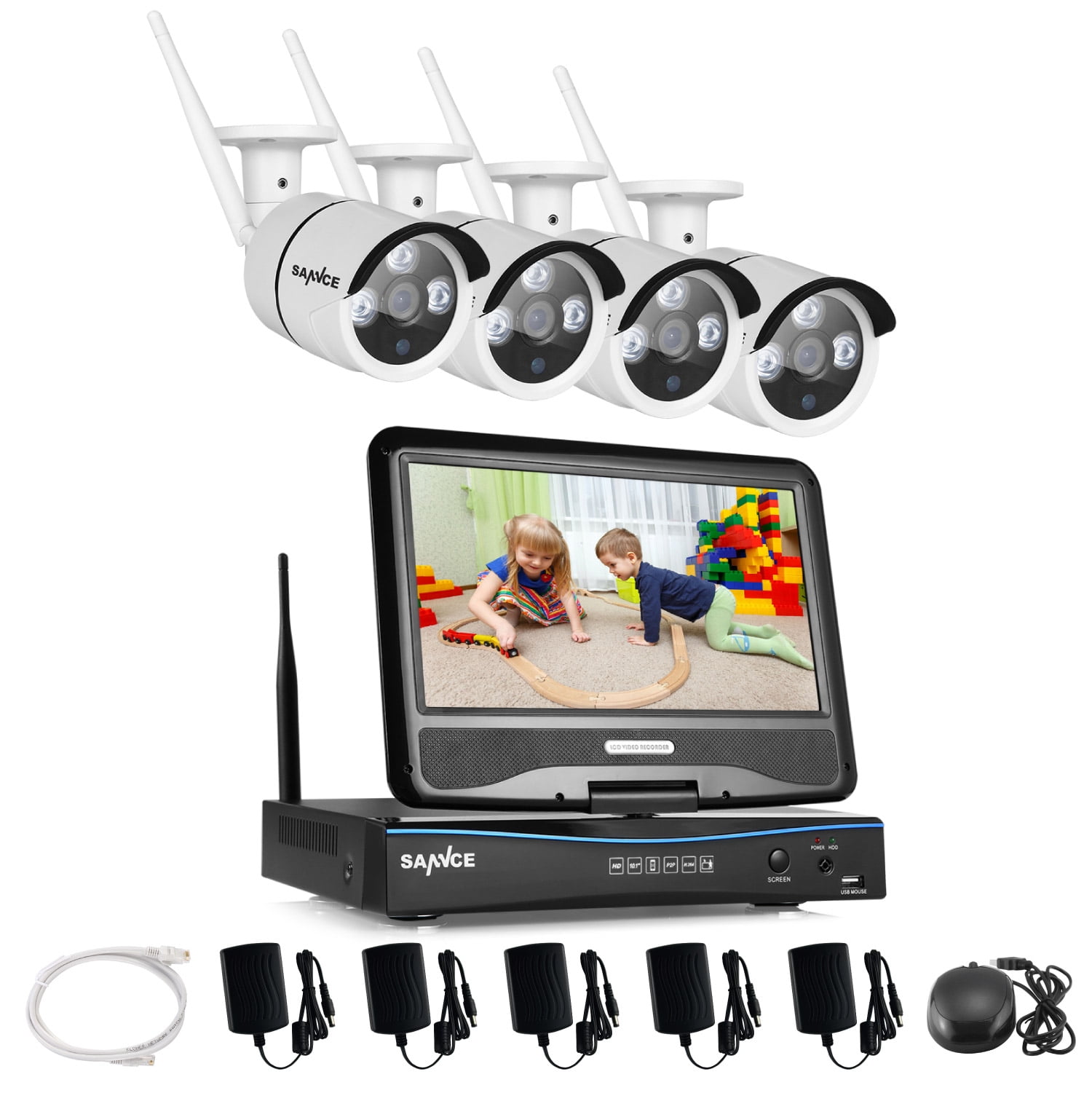 SANNCE Wireless WIFI 10" LCD Monitor DVR 4pcs 720P Home Security Camera System With No Hard