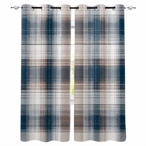 Fsddascl Blue Brown Plaid Blackout Curtains for Bedroom/Living Room, Thermal Insulated Kitchen Curtains, Modern Abstract Striped Gingham Checked Grommet Darkening Window Treatment Drapes 27.5"x39"x2