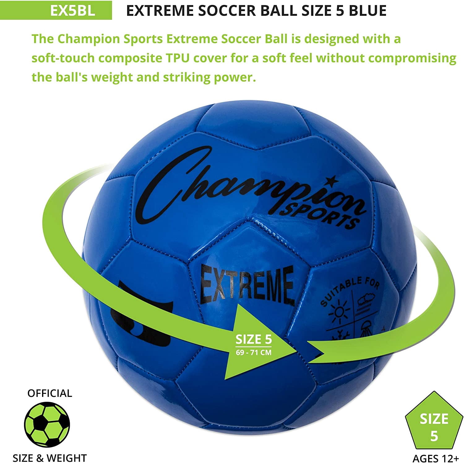 Champion Sports Extreme Series Soccer Ball, Size 5 - Collegiate, Professional, and League Standard Kick Balls - Competitive and Recreational Futbol Games, Blue
